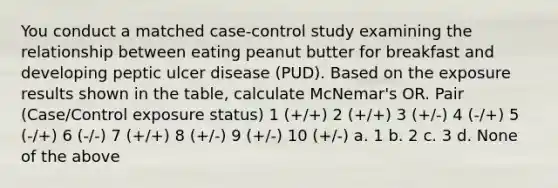 You conduct a matched case-control study examining the relationship between eating peanut butter for breakfast and developing peptic ulcer disease (PUD). Based on the exposure results shown in the table, calculate McNemar's OR. Pair (Case/Control exposure status) 1 (+/+) 2 (+/+) 3 (+/-) 4 (-/+) 5 (-/+) 6 (-/-) 7 (+/+) 8 (+/-) 9 (+/-) 10 (+/-) a. 1 b. 2 c. 3 d. None of the above