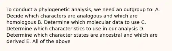 To conduct a phylogenetic analysis, we need an outgroup to: A. Decide which characters are analogous and which are homologous B. Determine which molecular data to use C. Determine which characteristics to use in our analysis D. Determine which character states are ancestral and which are derived E. All of the above