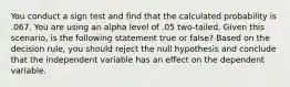 You conduct a sign test and find that the calculated probability is .067. You are using an alpha level of .05 two-tailed. Given this scenario, is the following statement true or false? Based on the decision rule, you should reject the null hypothesis and conclude that the independent variable has an effect on the dependent variable.