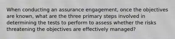 When conducting an assurance engagement, once the objectives are known, what are the three primary steps involved in determining the tests to perform to assess whether the risks threatening the objectives are effectively managed?