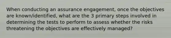 When conducting an assurance engagement, once the objectives are known/identified, what are the 3 primary steps involved in determining the tests to perform to assess whether the risks threatening the objectives are effectively managed?