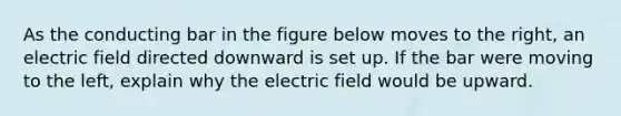 As the conducting bar in the figure below moves to the right, an electric field directed downward is set up. If the bar were moving to the left, explain why the electric field would be upward.