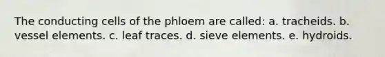 The conducting cells of the phloem are called: a. tracheids. b. vessel elements. c. leaf traces. d. sieve elements. e. hydroids.