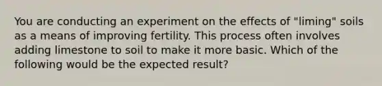 You are conducting an experiment on the effects of "liming" soils as a means of improving fertility. This process often involves adding limestone to soil to make it more basic. Which of the following would be the expected result?