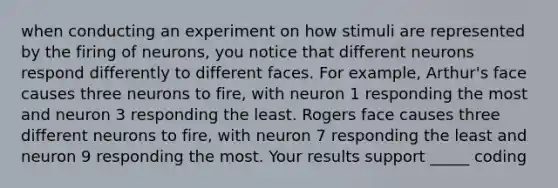 when conducting an experiment on how stimuli are represented by the firing of neurons, you notice that different neurons respond differently to different faces. For example, Arthur's face causes three neurons to fire, with neuron 1 responding the most and neuron 3 responding the least. Rogers face causes three different neurons to fire, with neuron 7 responding the least and neuron 9 responding the most. Your results support _____ coding