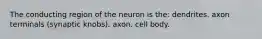 The conducting region of the neuron is the: dendrites. axon terminals (synaptic knobs). axon. cell body.