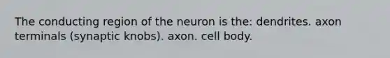 The conducting region of the neuron is the: dendrites. axon terminals (synaptic knobs). axon. cell body.