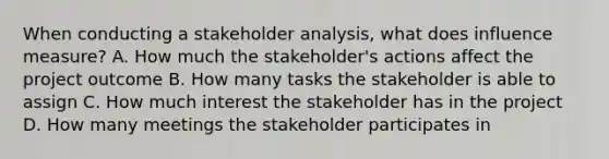 When conducting a stakeholder analysis, what does influence measure? A. How much the stakeholder's actions affect the project outcome B. How many tasks the stakeholder is able to assign C. How much interest the stakeholder has in the project D. How many meetings the stakeholder participates in