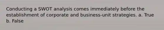 Conducting a SWOT analysis comes immediately before the establishment of corporate and business-unit strategies. a. True b. False