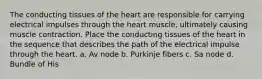 The conducting tissues of the heart are responsible for carrying electrical impulses through the heart muscle, ultimately causing muscle contraction. Place the conducting tissues of the heart in the sequence that describes the path of the electrical impulse through the heart. a. Av node b. Purkinje fibers c. Sa node d. Bundle of His