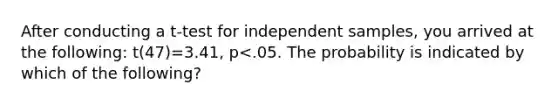 After conducting a t-test for independent samples, you arrived at the following: t(47)=3.41, p<.05. The probability is indicated by which of the following?