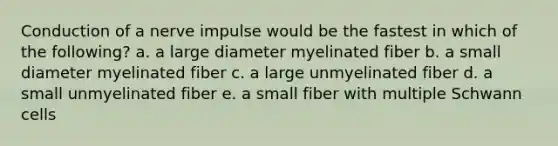 Conduction of a nerve impulse would be the fastest in which of the following? a. a large diameter myelinated fiber b. a small diameter myelinated fiber c. a large unmyelinated fiber d. a small unmyelinated fiber e. a small fiber with multiple Schwann cells