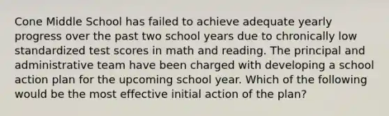 Cone Middle School has failed to achieve adequate yearly progress over the past two school years due to chronically low standardized test scores in math and reading. The principal and administrative team have been charged with developing a school action plan for the upcoming school year. Which of the following would be the most effective initial action of the plan?