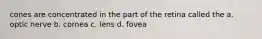 cones are concentrated in the part of the retina called the a. optic nerve b. cornea c. lens d. fovea