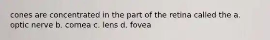 cones are concentrated in the part of the retina called the a. optic nerve b. cornea c. lens d. fovea