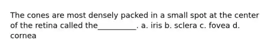 The cones are most densely packed in a small spot at the center of the retina called the__________. a. iris b. sclera c. fovea d. cornea