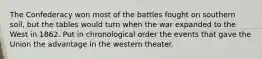 The Confederacy won most of the battles fought on southern soil, but the tables would turn when the war expanded to the West in 1862. Put in chronological order the events that gave the Union the advantage in the western theater.