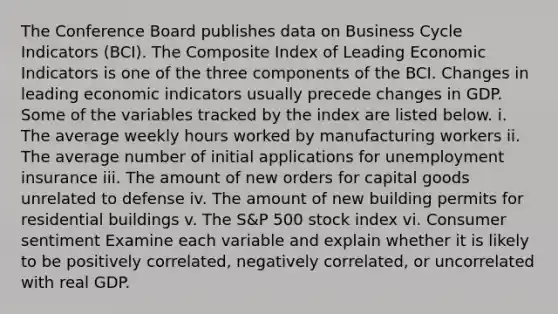 The Conference Board publishes data on Business Cycle Indicators​ (BCI). The Composite Index of Leading Economic Indicators is one of the three components of the BCI. Changes in leading economic indicators usually precede changes in GDP. Some of the variables tracked by the index are listed below. i. The average weekly hours worked by manufacturing workers ii. The average number of initial applications for unemployment insurance iii. The amount of new orders for capital goods unrelated to defense iv. The amount of new building permits for residential buildings v. The​ S&P 500 stock index vi. Consumer sentiment Examine each variable and explain whether it is likely to be positively​ correlated, negatively​ correlated, or uncorrelated with real GDP.