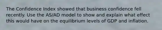 The Confidence Index showed that business confidence fell recently. Use the AS/AD model to show and explain what effect this would have on the equilibrium levels of GDP and inflation.