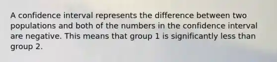 A confidence interval represents the difference between two populations and both of the numbers in the confidence interval are negative. This means that group 1 is significantly less than group 2.