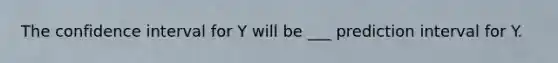 The confidence interval for Y will be ___ prediction interval for Y.