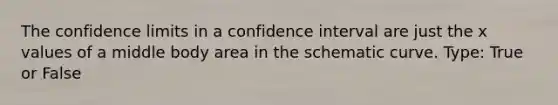 The confidence limits in a confidence interval are just the x values of a middle body area in the schematic curve. Type: True or False