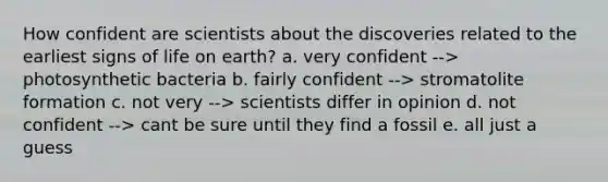 How confident are scientists about the discoveries related to the earliest signs of life on earth? a. very confident --> photosynthetic bacteria b. fairly confident --> stromatolite formation c. not very --> scientists differ in opinion d. not confident --> cant be sure until they find a fossil e. all just a guess