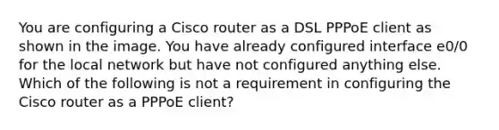 You are configuring a Cisco router as a DSL PPPoE client as shown in the image. You have already configured interface e0/0 for the local network but have not configured anything else. Which of the following is not a requirement in configuring the Cisco router as a PPPoE client?