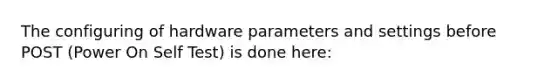 The configuring of hardware parameters and settings before POST (Power On Self Test) is done here: