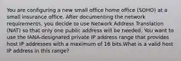 You are configuring a new small office home office (SOHO) at a small insurance office. After documenting the network requirements, you decide to use Network Address Translation (NAT) so that only one public address will be needed. You want to use the IANA-designated private IP address range that provides host IP addresses with a maximum of 16 bits.What is a valid host IP address in this range?