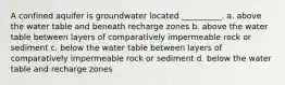 A confined aquifer is groundwater located __________. a. above the water table and beneath recharge zones b. above the water table between layers of comparatively impermeable rock or sediment c. below the water table between layers of comparatively impermeable rock or sediment d. below the water table and recharge zones