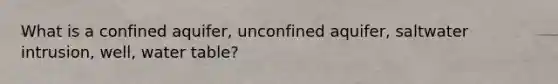 What is a confined aquifer, unconfined aquifer, saltwater intrusion, well, water table?