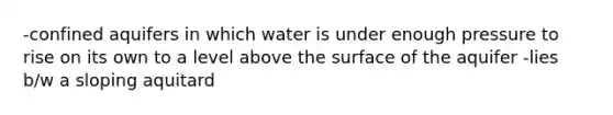 -confined aquifers in which water is under enough pressure to rise on its own to a level above the surface of the aquifer -lies b/w a sloping aquitard