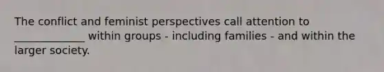 The conflict and feminist perspectives call attention to _____________ within groups - including families - and within the larger society.