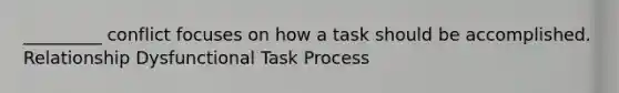 _________ conflict focuses on how a task should be accomplished. Relationship Dysfunctional Task Process