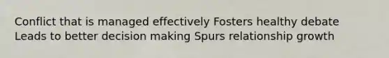 Conflict that is managed effectively Fosters healthy debate Leads to better decision making Spurs relationship growth