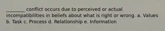 ________ conflict occurs due to perceived or actual incompatibilities in beliefs about what is right or wrong. a. Values b. Task c. Process d. Relationship e. Information