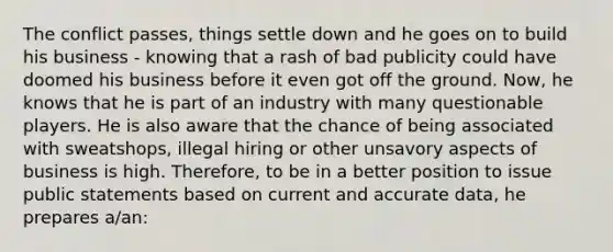 The conflict passes, things settle down and he goes on to build his business - knowing that a rash of bad publicity could have doomed his business before it even got off the ground. Now, he knows that he is part of an industry with many questionable players. He is also aware that the chance of being associated with sweatshops, illegal hiring or other unsavory aspects of business is high. Therefore, to be in a better position to issue public statements based on current and accurate data, he prepares a/an: