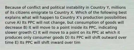 Because of conflict and political instability in Country Y, millions of its citizens emigrate to Country X. Which of the following best explains what will happen to Country X's production possibilities curve A) Its PPC will not change, but consumption of goods will decrease B) It will move to a point inside its PPC, indicating slower growth C) It will move to a point on its PPC at which it produces only consumer goods D) Its PPC will shift outward over time E) Its PPC will shift inward over tim