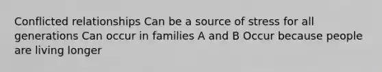 Conflicted relationships Can be a source of stress for all generations Can occur in families A and B Occur because people are living longer