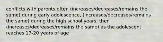 conflicts with parents often (increases/decreases/remains the same) during early adolescence, (increases/decreases/remains the same) during the high school years, then (increases/decreases/remains the same) as the adolescent reaches 17-20 years of age