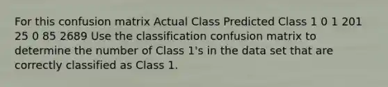 For this confusion matrix Actual Class Predicted Class 1 0 1 201 25 0 85 2689 Use the classification confusion matrix to determine the number of Class 1's in the data set that are correctly classified as Class 1.