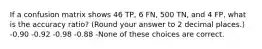 If a confusion matrix shows 46 TP, 6 FN, 500 TN, and 4 FP, what is the accuracy ratio? (Round your answer to 2 decimal places.) -0.90 -0.92 -0.98 -0.88 -None of these choices are correct.