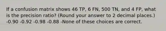 If a confusion matrix shows 46 TP, 6 FN, 500 TN, and 4 FP, what is the precision ratio? (Round your answer to 2 decimal places.) -0.90 -0.92 -0.98 -0.88 -None of these choices are correct.