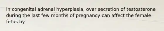 in congenital adrenal hyperplasia, over secretion of testosterone during the last few months of pregnancy can affect the female fetus by