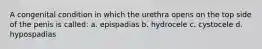 A congenital condition in which the urethra opens on the top side of the penis is called: a. epispadias b. hydrocele c. cystocele d. hypospadias