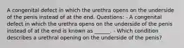 A congenital defect in which the urethra opens on the underside of the penis instead of at the end. Questions: - A congenital defect in which the urethra opens on the underside of the penis instead of at the end is known as ______. - Which condition describes a urethral opening on the underside of the penis?