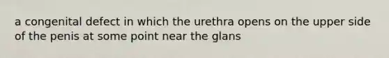 a congenital defect in which the urethra opens on the upper side of the penis at some point near the glans