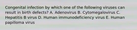 Congenital infection by which one of the following viruses can result in birth defects? A. Adenovirus B. Cytomegalovirus C. Hepatitis B virus D. Human immunodeficiency virus E. Human papilloma virus