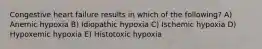 Congestive heart failure results in which of the following? A) Anemic hypoxia B) Idiopathic hypoxia C) Ischemic hypoxia D) Hypoxemic hypoxia E) Histotoxic hypoxia